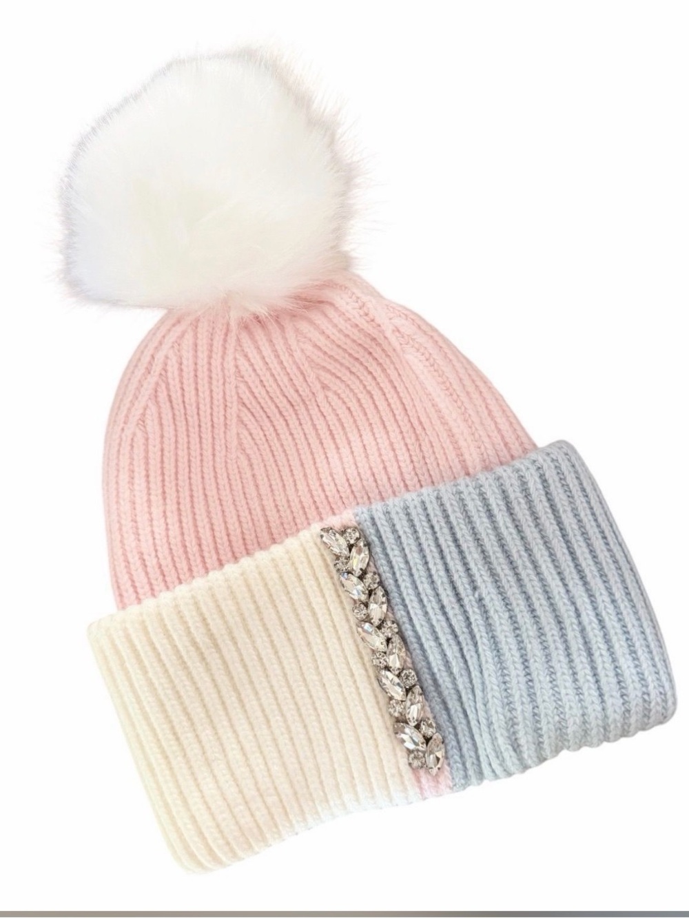 Kids Pastel Pom Pom Beanie Hat with Gem Trim